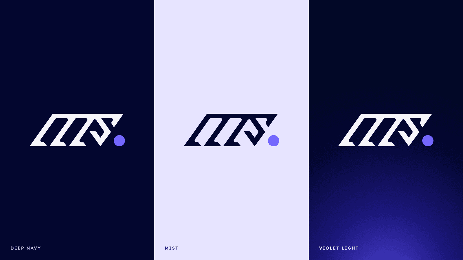 The MDS mark shown on deep navy, light lavender and violet-lit backgrounds.